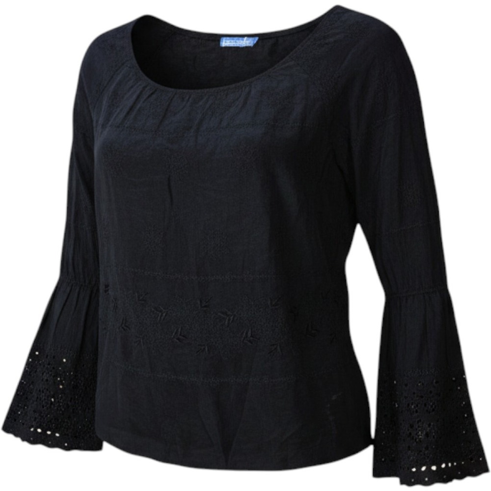 Johnny Was Black Embroidered Eyelet Bell Sleeve Boho Blouse Large